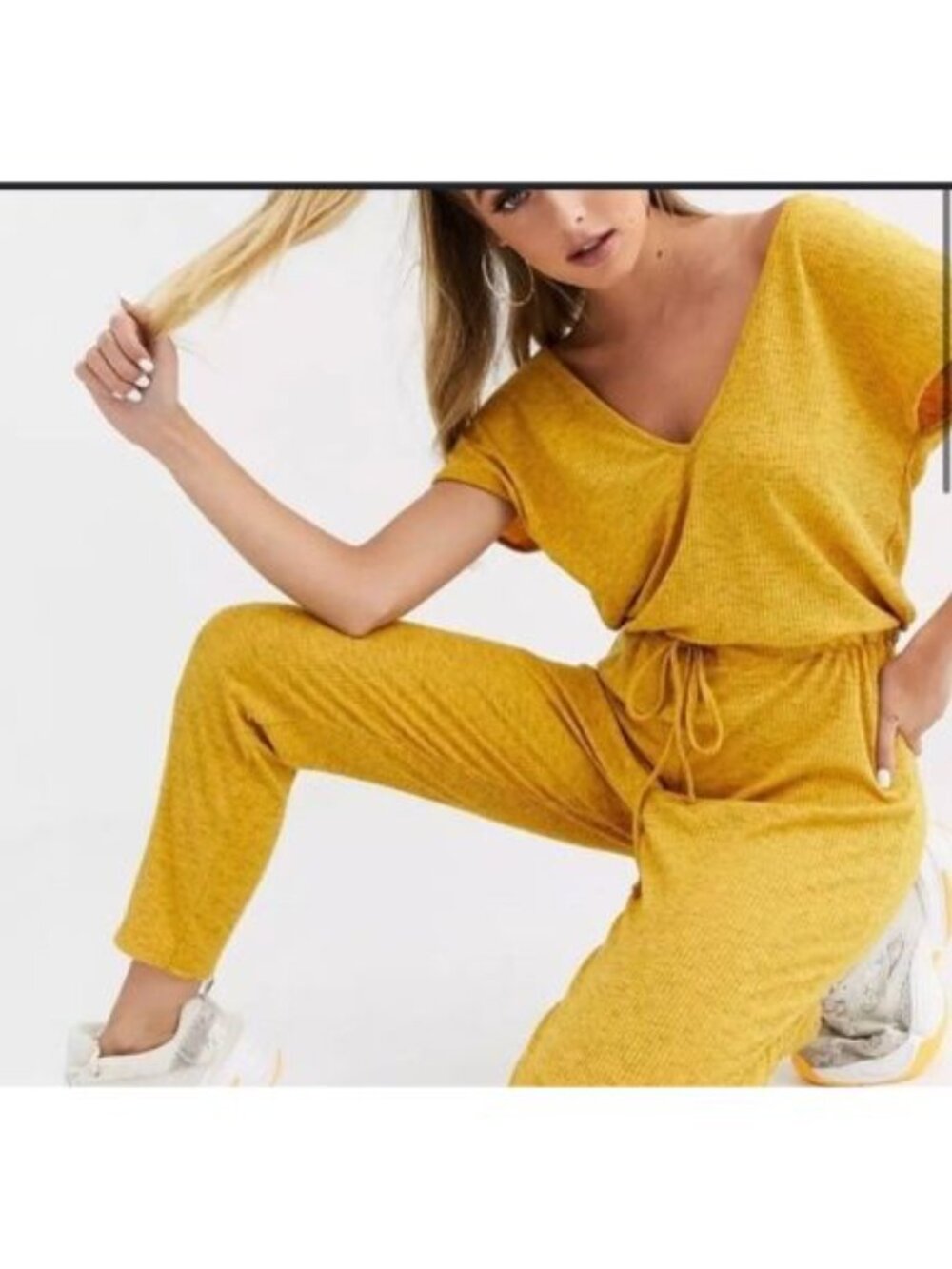 ASOS Jumpsuit Womens 12 Mustard Yellow Ribbed V-Neck Loungewear Minimalist